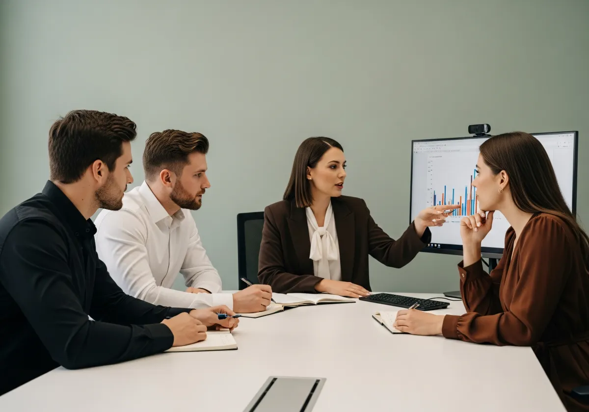 Professional team collaborating on data analysis